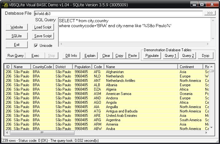 VBToolbox SQLITE test program showing unicode results